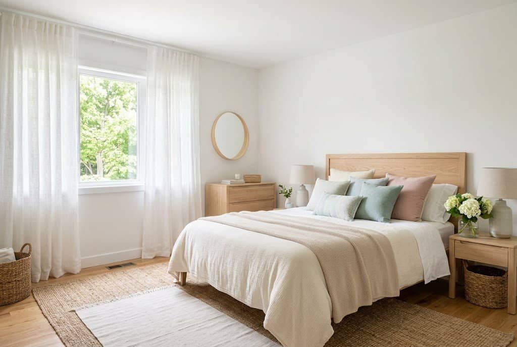 Bright bedroom with white and pastel decor creating a light and refreshing summer atmosphere