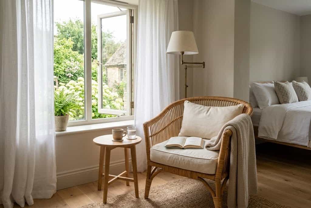 Cozy reading nook by a window with chair, soft light, and summer daylight streaming in